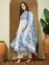 Janasya Women's White Cotton Blend Floral Printed Anarkali Kurta Set